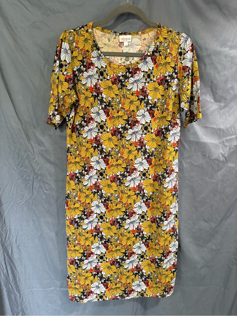 LuLaRoe Yellow Floral Short Sleeve Shift Dress with White and Red Blooms